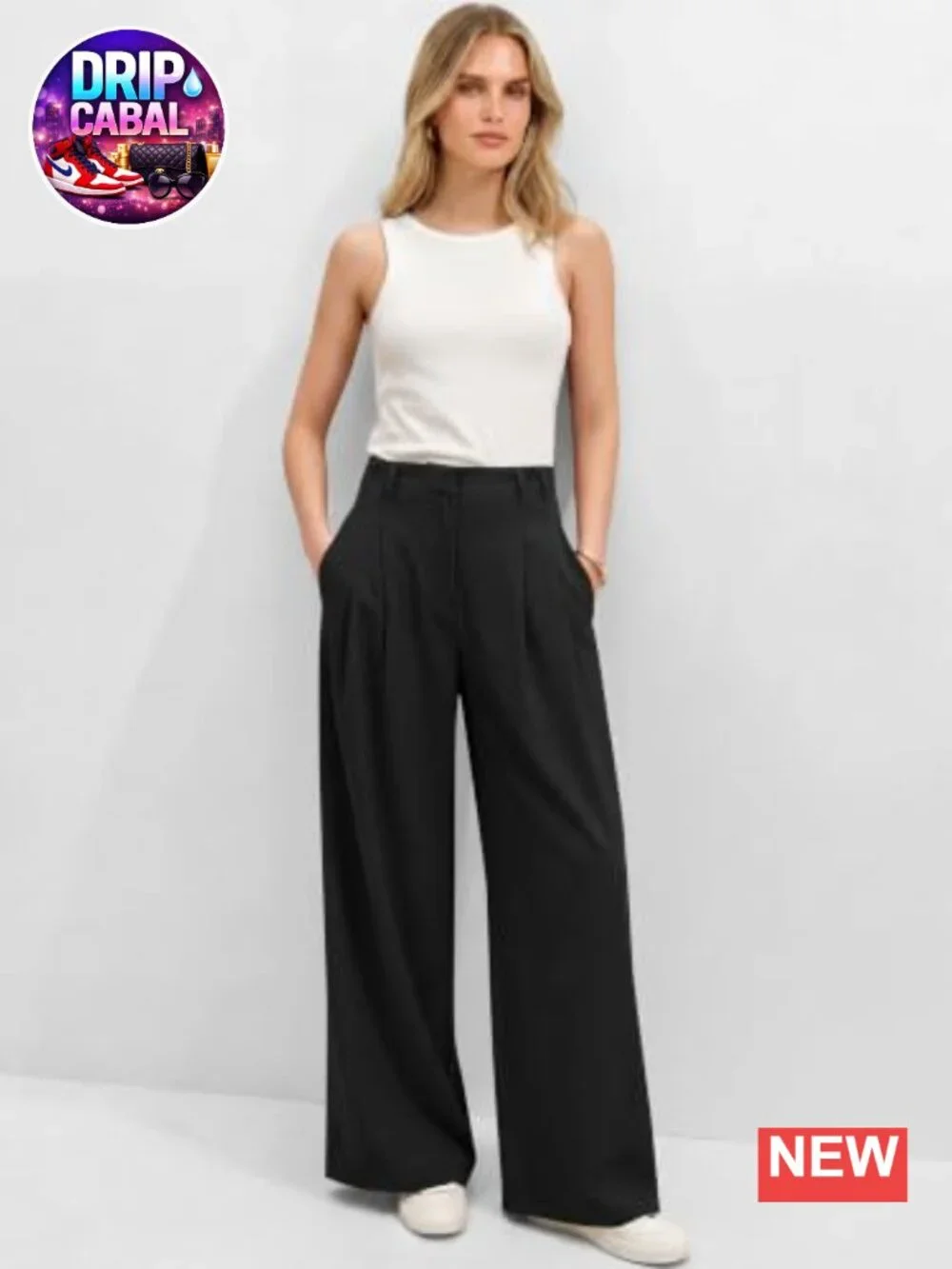 Wide Leg Work Pants High Waisted Flowy Trousers Pleated Pockets Wrinkle-Free